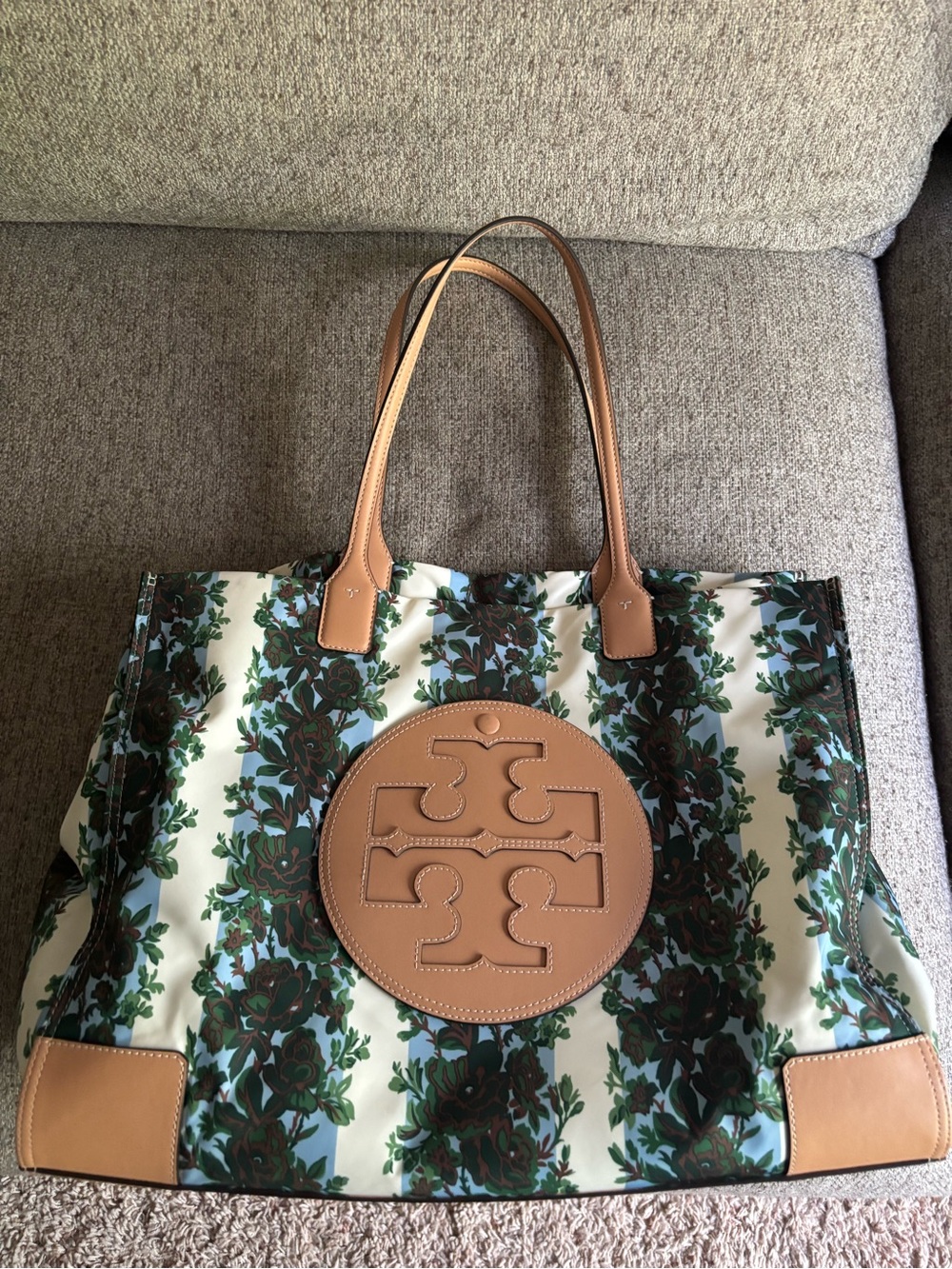 Tory Burch Green and Brown Floral Tote with Tan Leather Trim